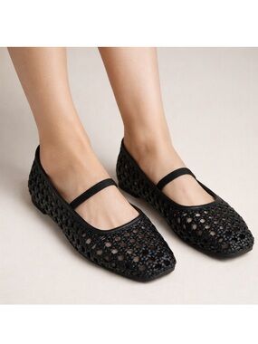 Joie Black Woven Mary Jane Ballet Flats Size 8.5 Square Toe Weavy